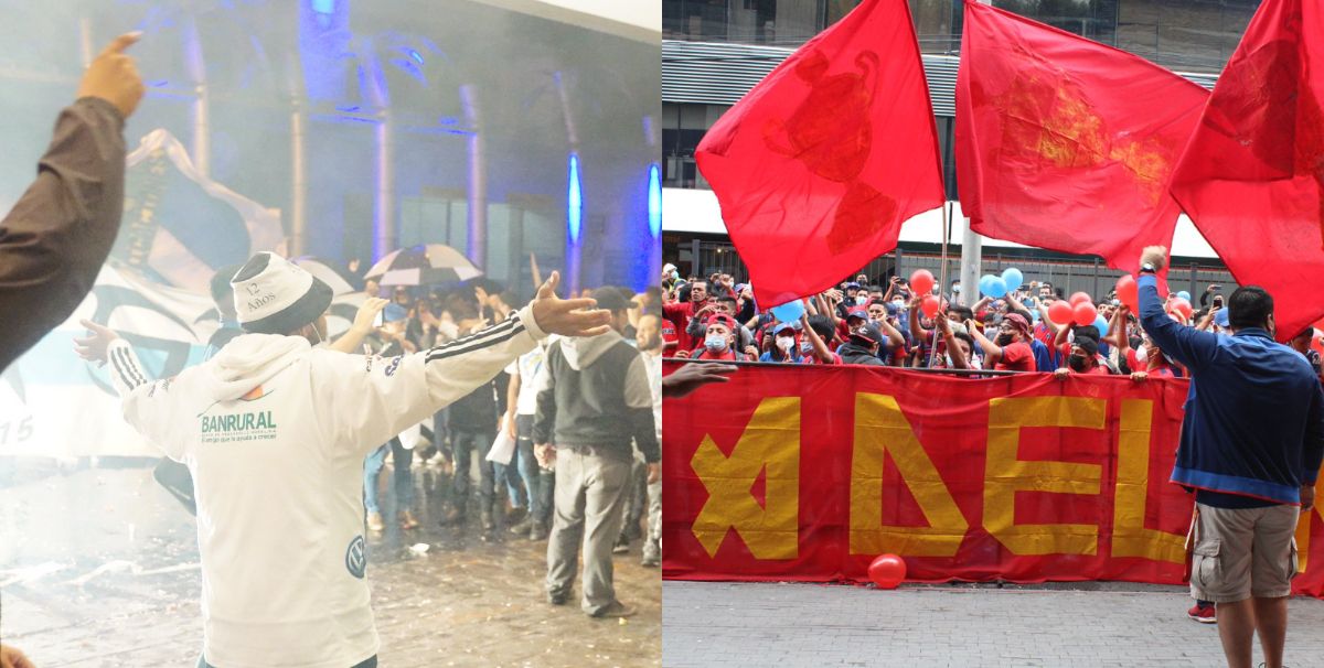 VIDEO. Aficionados cremas y rojos apoyan a sus clubes en sus respectivos hoteles de concentración