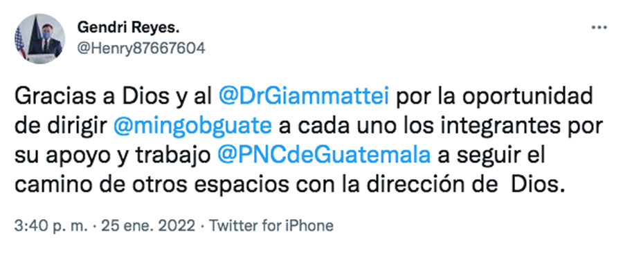 Mensaje de Gendri Reyes en su cuenta de Twitter