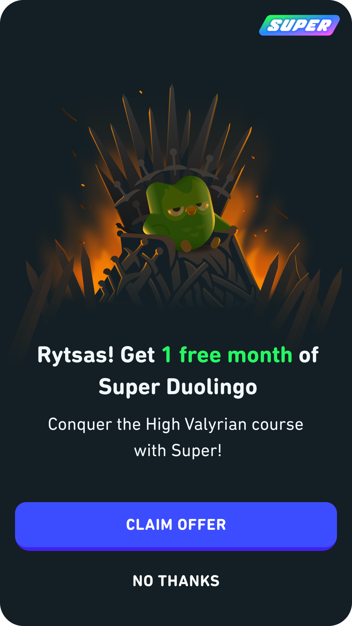 Curso de High Valyrian. (foto: Duolingo)