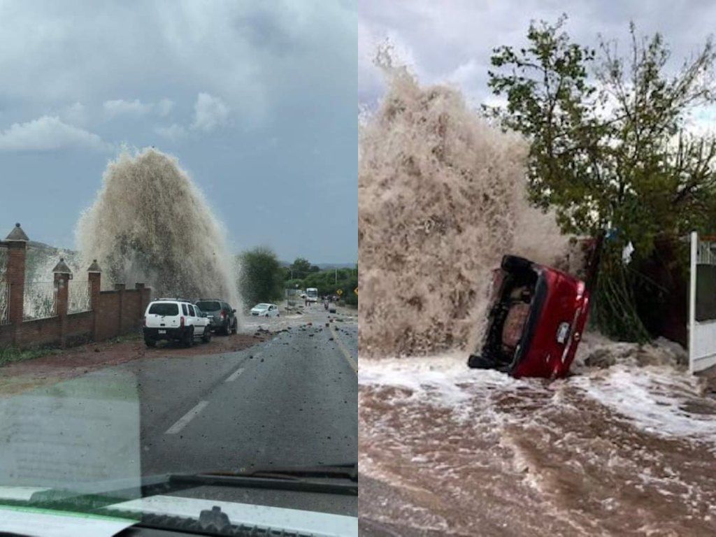 VIDEO. Momento en que fuga de agua voltea camioneta estacionada