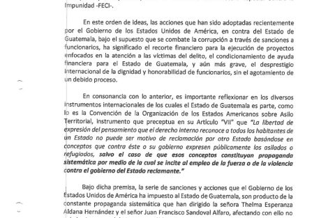 oficio del Ministerio Público enviado a Giammattei para gestionar defensa a nivel internacional