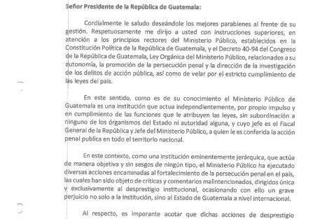 oficio del Ministerio Público enviado a Giammattei para gestionar defensa a nivel internacional